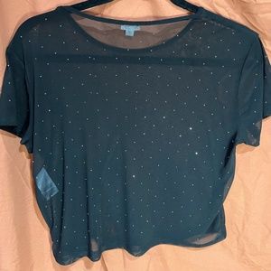 Garage Rhinestone Mesh Short-Sleeve Crop